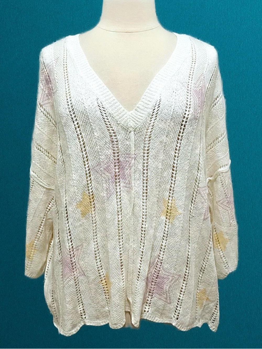 POL Cream Open-Knit V-Neck Sweater Oversized LG